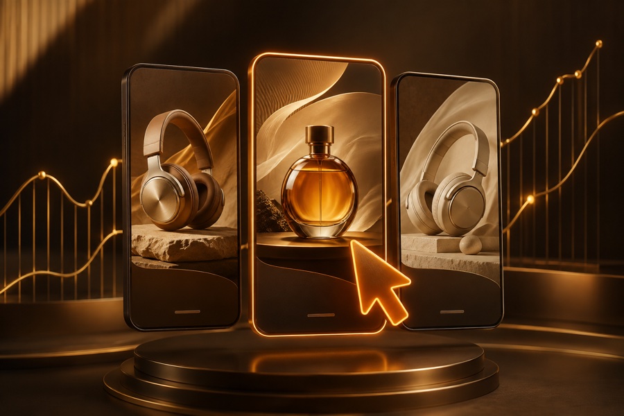 Illustrative advertising concepts displayed on bronze screens