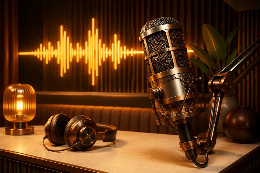 A bronze broadcast microphone in a warm podcast studio