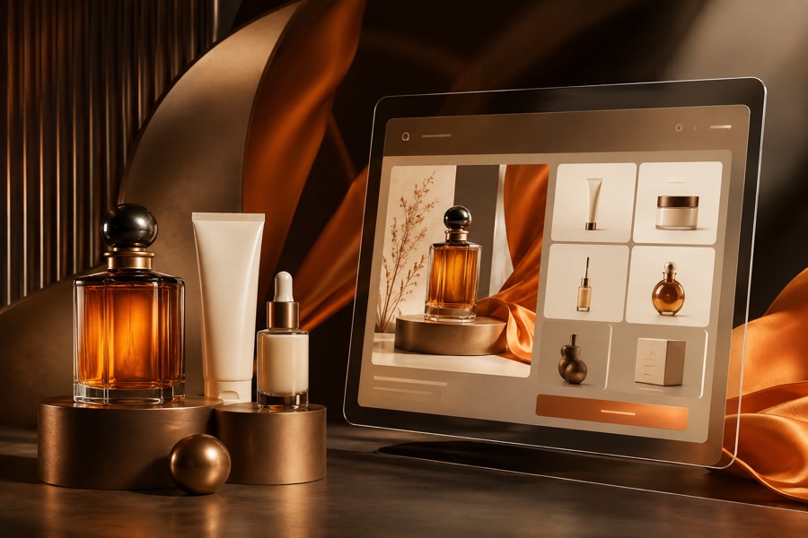 An illustrative amber product collection beside an online storefront